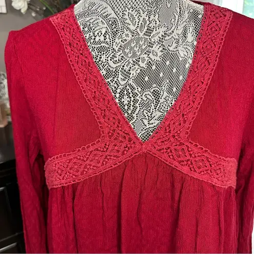 Suzanne Betro Boho Lace Trim Dress Red Textured Long Sleeve Size Large