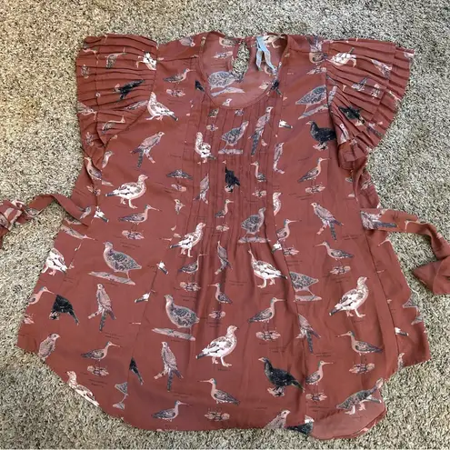Seven7 Melissa McCarthy for allover bird print tie waist flutter sleeve rust top