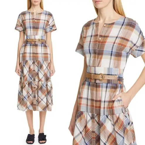 Lafayette 148 New York Angelique Plaid Print Tiered Short Sleeve Midi Dress Med