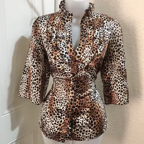 Brown and black 2000s Y2K Leopard animal print blouse button up down shirt with ruffle details and a V cleavage neckline