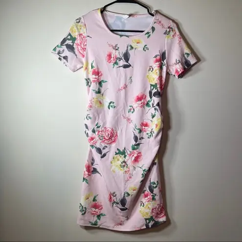 Pinkblush Pink Floral Fitted Ruched Short Sleeve Maternity Dress Size S