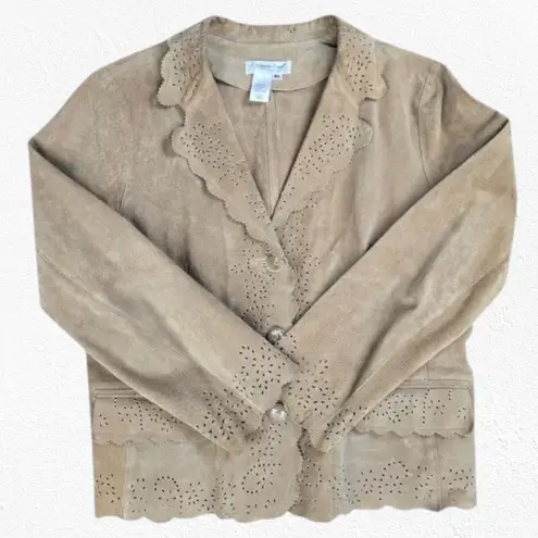 Coldwater Creek 90s Vintage Tan Eyelet Lightweight Western Boho Leather Jacket Size Large Petite