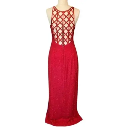 Andretta Donatello Red Gown XS Slit Mesh Beaded Detail Drama Glam Prom Pageant
