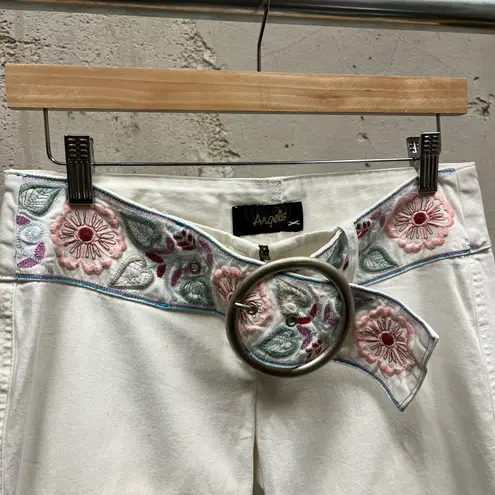 Angels Vintage Y2K Capri Crop Embroidered Floral Chunky Buckle Jeans 7 30 Disco White