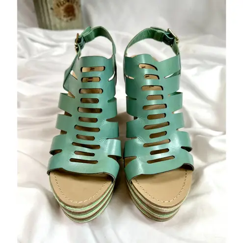 Anna Luz Leather Open Toe Wedge Sandals Handmade Brazil 10 Green