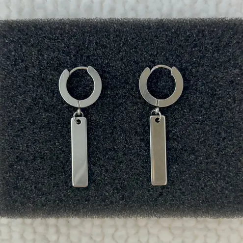 Titanium Steel Geometric Rectangle Dangle Drop Earrings for Men Women Silver