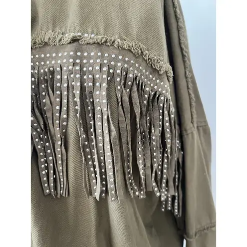 ZARA  Olive Green Shacket L Fringe Studded Western Rodeo Snap Button Cotton - Image 8
