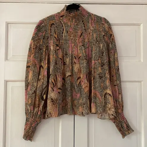 Ulla Johnson Dune High Neck Bird ofParadise Printed Blouse Size 4 Ivory Metallic