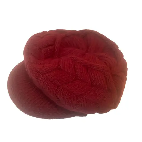 Burgundy Braided Knit Beanie With Visor Brim Warm Winter Hat Red