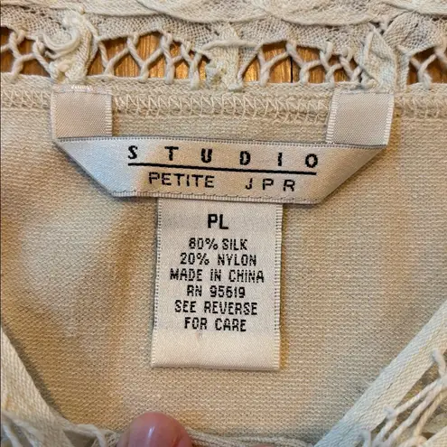 Vtg Stufio Cardigan Cottagecore Lace Trim Cream Silk Size Petite Large