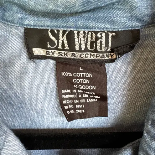 Vintage 90s Denim Western Shirt Rodeo Coastal Cowgirl Button Down Jean Large Blue