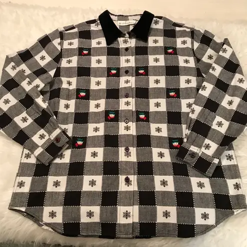 Dress Barn  winter snowman plaid checkered button down long sleeve top size Large