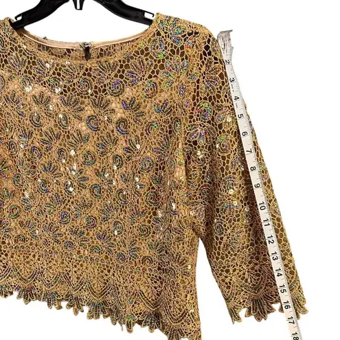 Vintage Komlies Blouse Women XL Gold Lace Sequined Retro Evening Formal Occasion