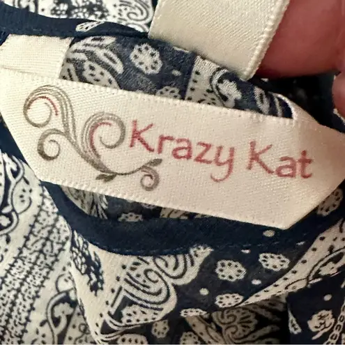 Krazy Kat Blue and White Sheer Patterned Tunic Boho Chic Whimsy Peasant Sleeves