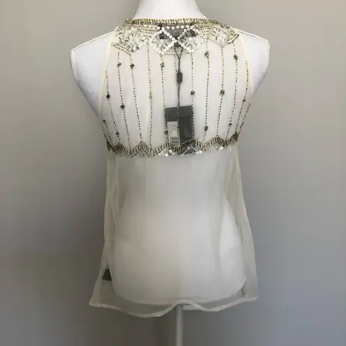 PJK Patterson J Kincaid Top Cami Sleeveless High Neckline Sequin Beaded Boho Gold