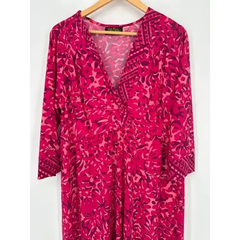 Bob Mackie Wearable Art Batik Printed Midi Dress Pink 1X Stretch Liquid Knit