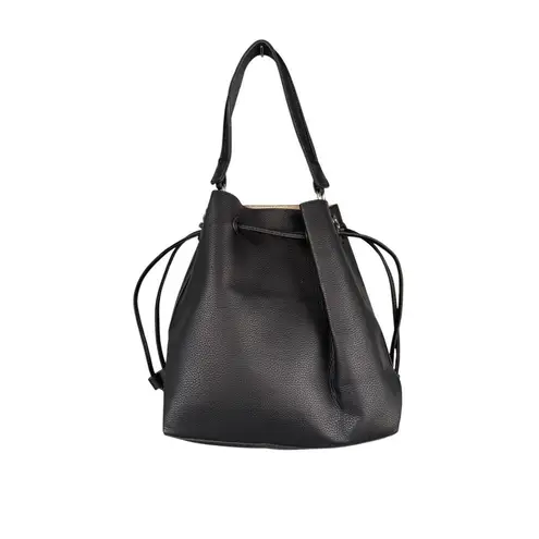 Pebbled Vegan Leather Drawstring Detachable Strap Bucket Bag Black