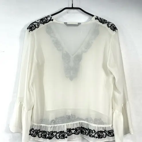 ZARA Sheer Blouse with Black Lace Embroidered White Tunic Size M - Image 6