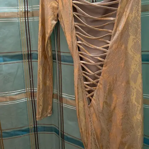 Symphony gold foil snakeskin backless crisscross mini dress one shoulder long si