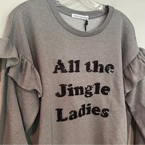South Parade All The Jingle Ladies Ruffle Sweatshirt Women's Medium Gray Sequins Black