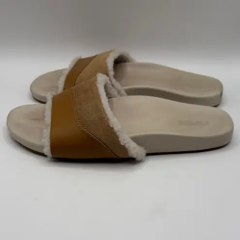 OluKai Women’s Ho’ala Genuine Shearling & Leather Slides in Tan Size 8