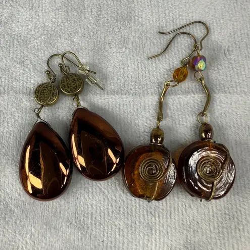 Vintage Boho Copper Amber Glass Teardrop Pierced Spiral Earrings Set Fall Colors Brown