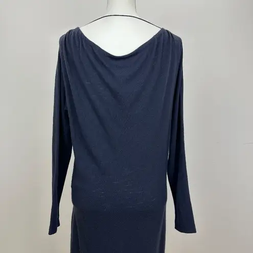 Hanii Y Wool Dress Long Sleeve Draped Navy Blue Round Neck Minimalist Medium.