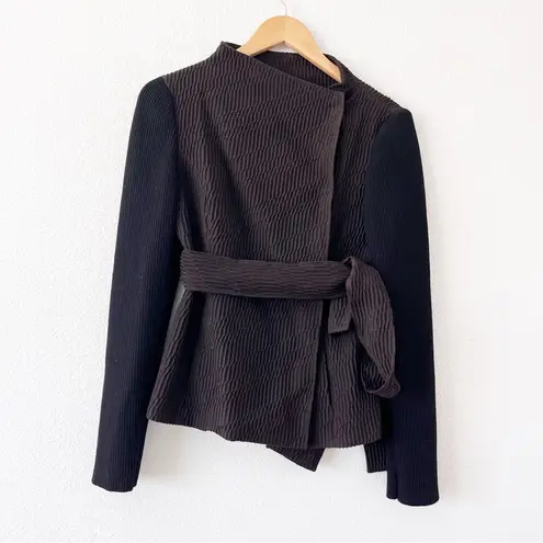 Piazza Sempione Side Snap Button Wool Blend Wrap Jacket in Brown Black