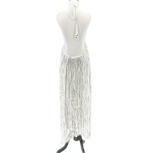 Rotate Birger Christensen Sequin Metallic Fringe Sleeveless Dress Silver Size 10