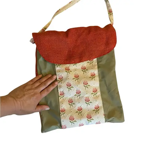 Handmade Burlap & Floral Sage green & Rust cottagecore tote .