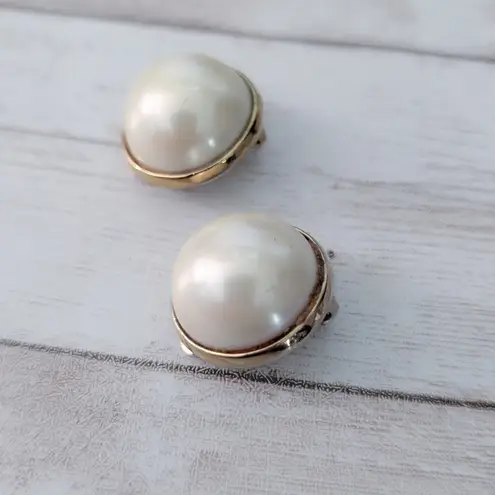 Vintage Clip On Earrings Just Under 7/8" Domed Faux Pearl with Halo Gold