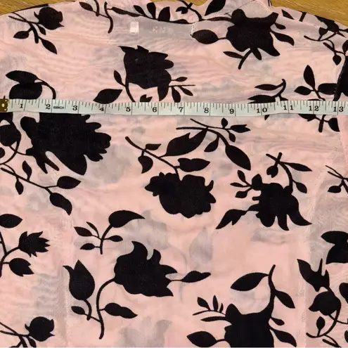 CBR SHEER DRESS MED. PINK W BLACK FLORAL MIDI THIGH HIGH SLITS HIGHCOLLAR NECK