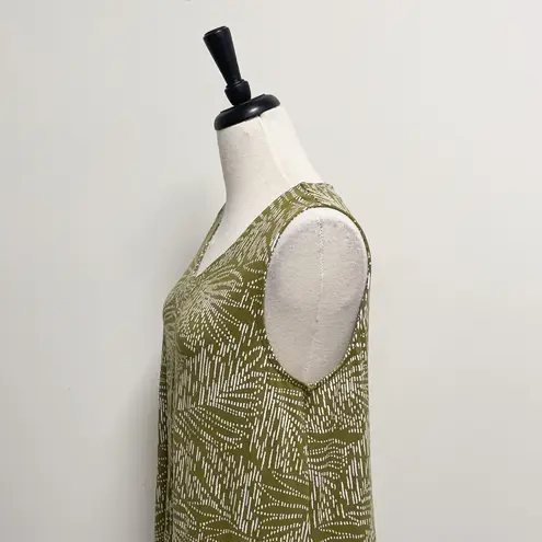 Cuddl Duds White Green Moss Palm V Neck Sleeveless Midi Dress Large Leaves Print