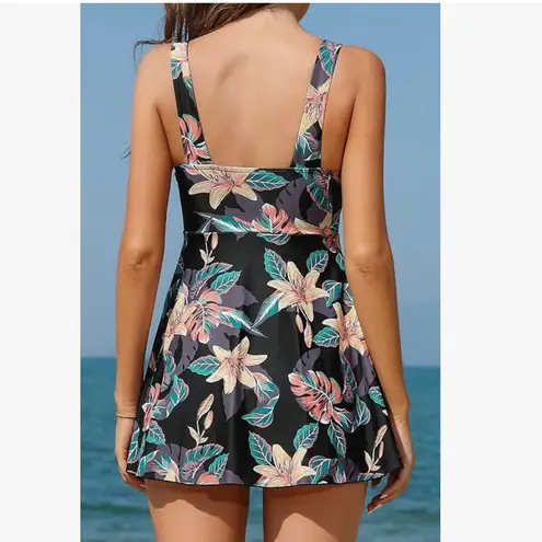 SHEKINI Elegant Twist Shirring One Piece Swimdress Tummy Control Skirt Black Size XXL