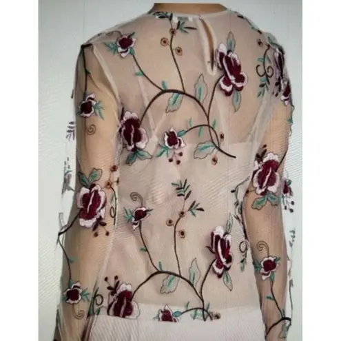 Endless Rose Long Sleeve Round Neck Embroidered Floral Mesh Top Beige/Red Size S