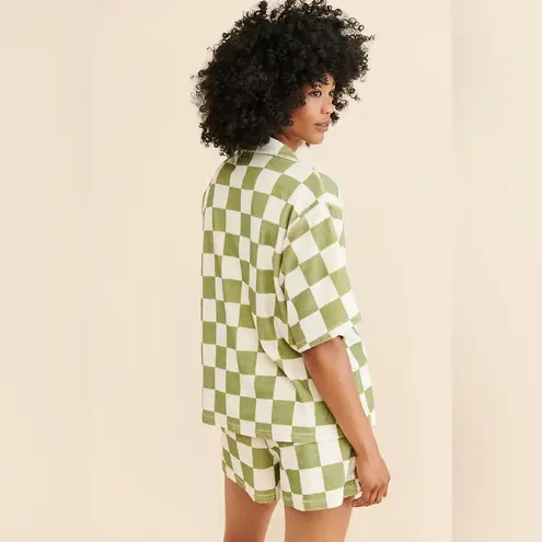 ONA Checker Terry Oversized Button Down Greyed Olive Small Green