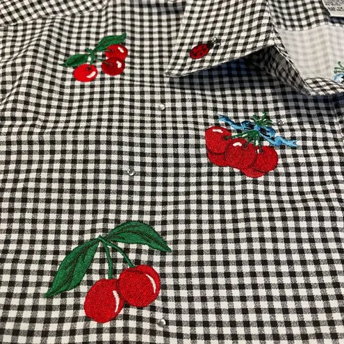 Vintage The Quacker Factory Embroidered Top Women's Plus Size 1X Gingham Cherry Black