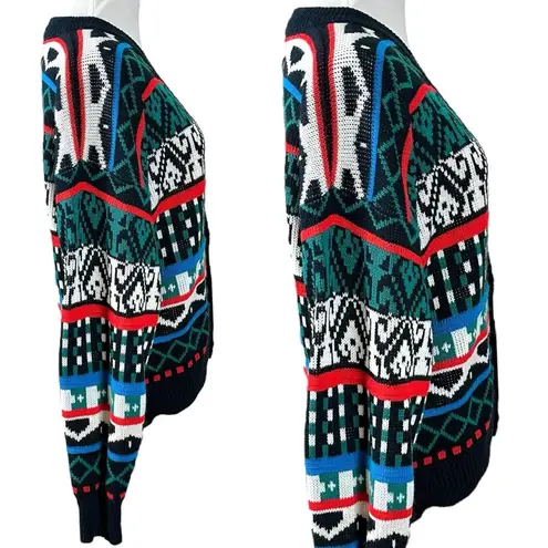 Vintage 70s Sasson Fair Isle V Neck Cardigan Sweater Oo La La Small Retro Black