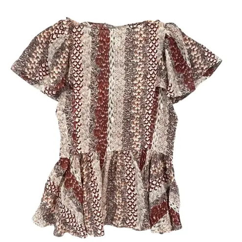 Odille Anthropologie Brown Feather Print Silk Flutter Sleeve Peplum Top Size 0