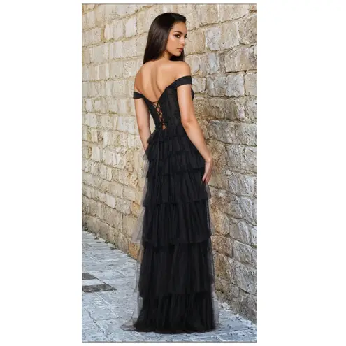 Blondie Nites "Charlotte" Long Mesh Off the Shoulder Ruffle Skirt Dress Size 13