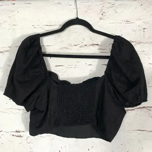 House of Harlow 1960 Black Linen Blend Puff Sleeve Crop Top Size 8 Square Neck