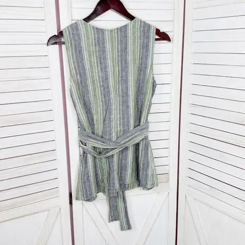 Kasper Linen Striped Tie Waist Sleeveless Tank Top Shirt Green Blue 8