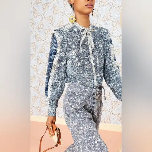 Ulla Johnson Nara Blouse Indigo Patchwork Printed Size 0 XS Statement Sleeves