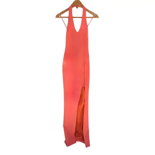 Likely NEW Rudina Gown Coral Halter Prom Dress Maxi Leg Slit V-Neck Orange 0