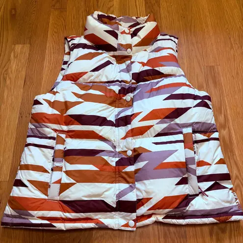 prAna Hellebore Down Filled Vest Women’s Med Zip Snap Puffer Aztec Rose $185Msrp