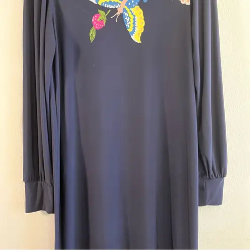 Leota Dress Navy Blue w/ Floral Pattern & Butterfly Long Sleeve Shift Sz XL EUC