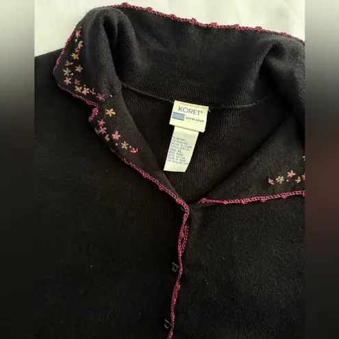 Vintage Koret Black Embroidered Floral Short Sleeve Cardigan Sweater XL