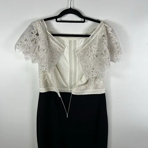 Tadashi Shoji Womens Lace Midi Dress Size 8 Black Cream Cap Sleeve Designer