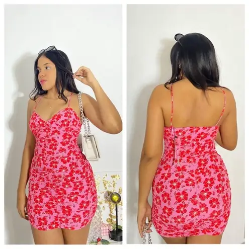 ZARA  pink red floral print ruched party body on mini dress