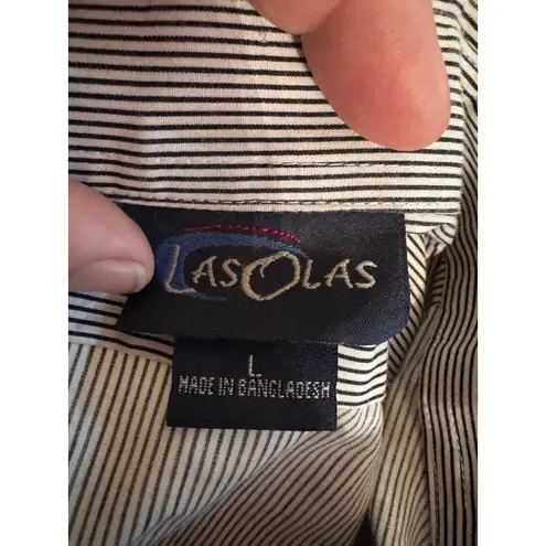 LASOLAS Pinstripe Button Up Shirt Rhinestone Cat Embellished Pockets L Black Size L